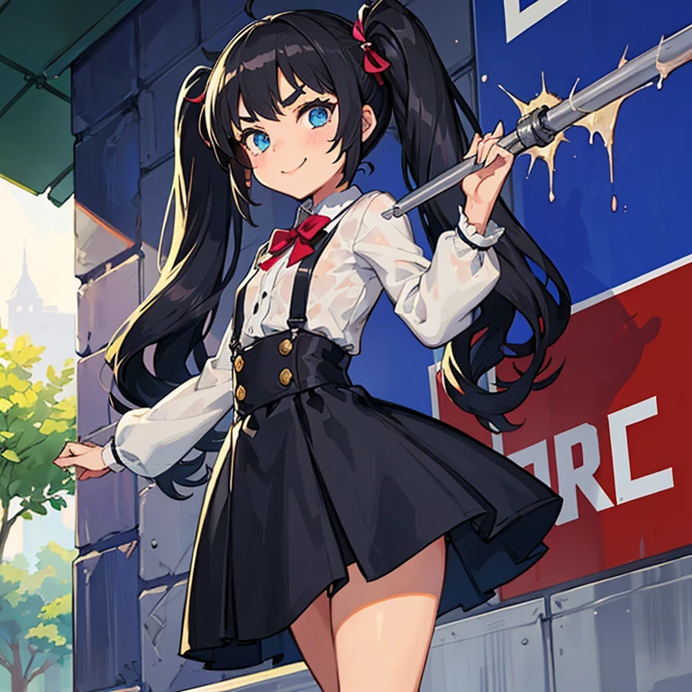 Young girl with black hair, long twintail,  twintail hairstyle, (blue eyes),, ((small bushy eyebrows)), wearing gothic lolita clothing, lolicon , walking to school, flirty smile, , lifting her skirt to show her vagina wet with semen