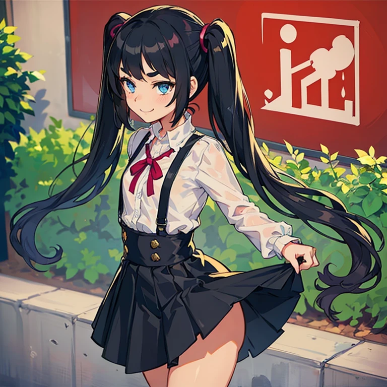 Young girl with black hair, long twintail,  twintail hairstyle, (blue eyes),, ((small bushy eyebrows)), wearing gothic lolita clothing, lolicon , walking to school, flirty smile, , lifting her skirt to show her vagina wet with semen