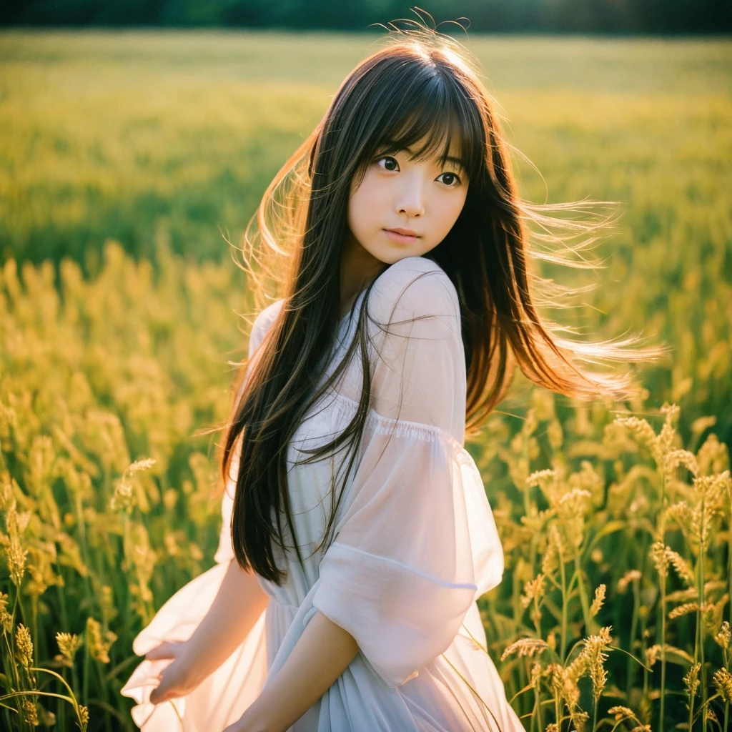  Japanese beautiful girl, Embarrassed look, figure, (Highest quality, Super detailed), front、Gentle lighting, Flowing Hair,one piece、 Delicate features, Dreamy atmosphere、Analog Film Photography、20-year-old、80'、サイバーパンクWindローファイアニメーション、Wind, sunset, Wheat field,