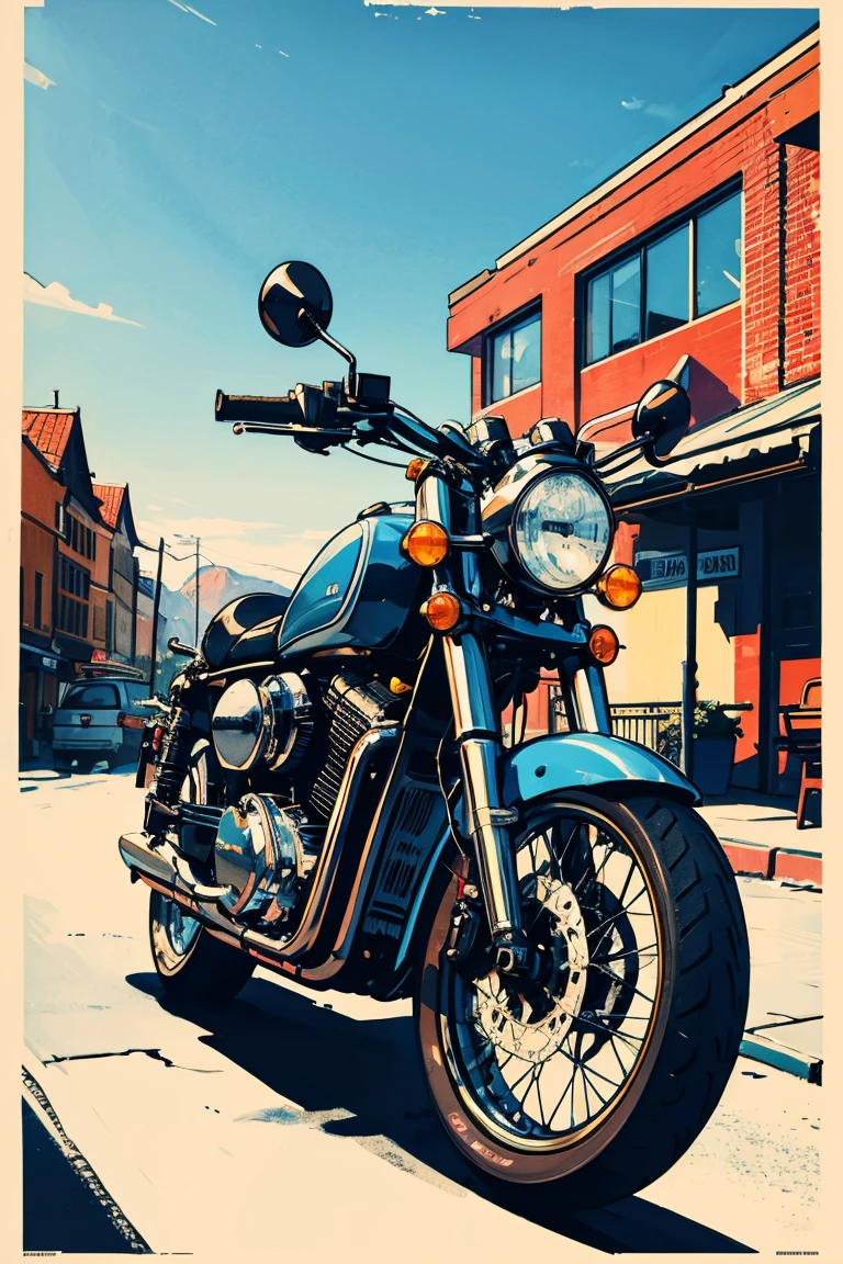 Masterpiece, Top Quality, Best Quality, Extreme Detail, Rich HD Detail, Sharp, Saul Wright Style, 1980s, Detailed Digitally Illustrated Vintage Poster, Inspired by Lubin Baugin, A Blue Motorcycle Stopped in Front of a Building, (((no human))), High Contrast, Vivid Colors, Blurred, Warm Tones 