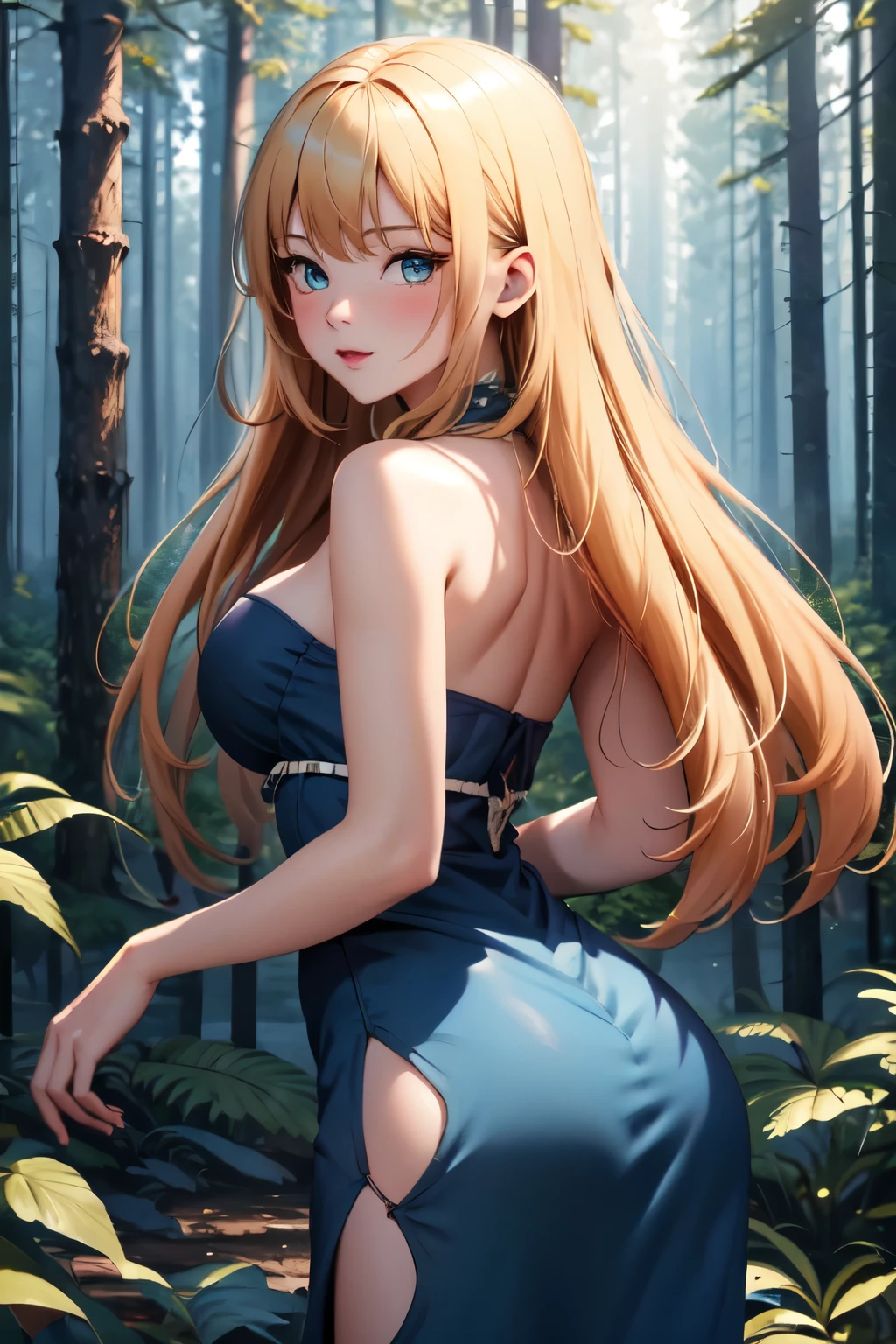 ((best quality, high quality, masterpiece, highres)), ruri, 1girl, solo, blue dress, dress, strapless, bare shoulders, cowboy shot, (forest:1.2), looking at viewer,  looking back,solo, posing for picture, seductive, perfect lighting, perfect shadows, Blushing, ass, very sexy,high breasts, leaning forward