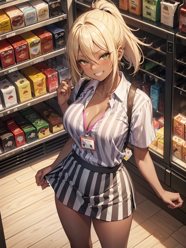 (A beautiful young Japanese woman), nsfw, Detailed Background, (((独奏))), ((Excellent anatomy: 1.2)), (Blonde, ponytail), Big Tits, (dark skin:1.5), (green eyes), (Beautiful Eyes), (((convenience store employee uniform, vertical striped shirt:1.3, short sleeves, id card, pencil mini skirt))), (cleavage), (grin:1.4), Blushing, Earrings, Are standing, Beautiful thighs, from above, from front, (lift skirt:1.3), (panty shot)