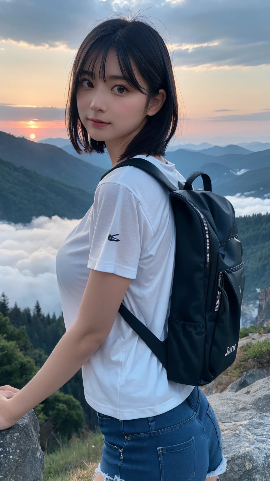 Highest quality, masterpiece, Ultra-high resolution, (Realistic:1.3), RAW Photos, (Nature landscape photography), (Majestic Mountain々The summit of the, sea of clouds), (On top of a very large mountain), (sunset), (One Girl), (Upper Body), (20-year-old), (smile:0.9), (Shiny skin), (short hair, Dark brown hair), (White T-shirt), (Tight casual shorts), (Carry a large backpack on your back), (Ultra detailed face), (Nipple erection), (Highly detailed eyes), (Highly detailed nose), (Highly detailed mouth), (Very skilled hands), (Super-detailed body), Sony a7, 85mm lens, f9.0, Pan Focus
