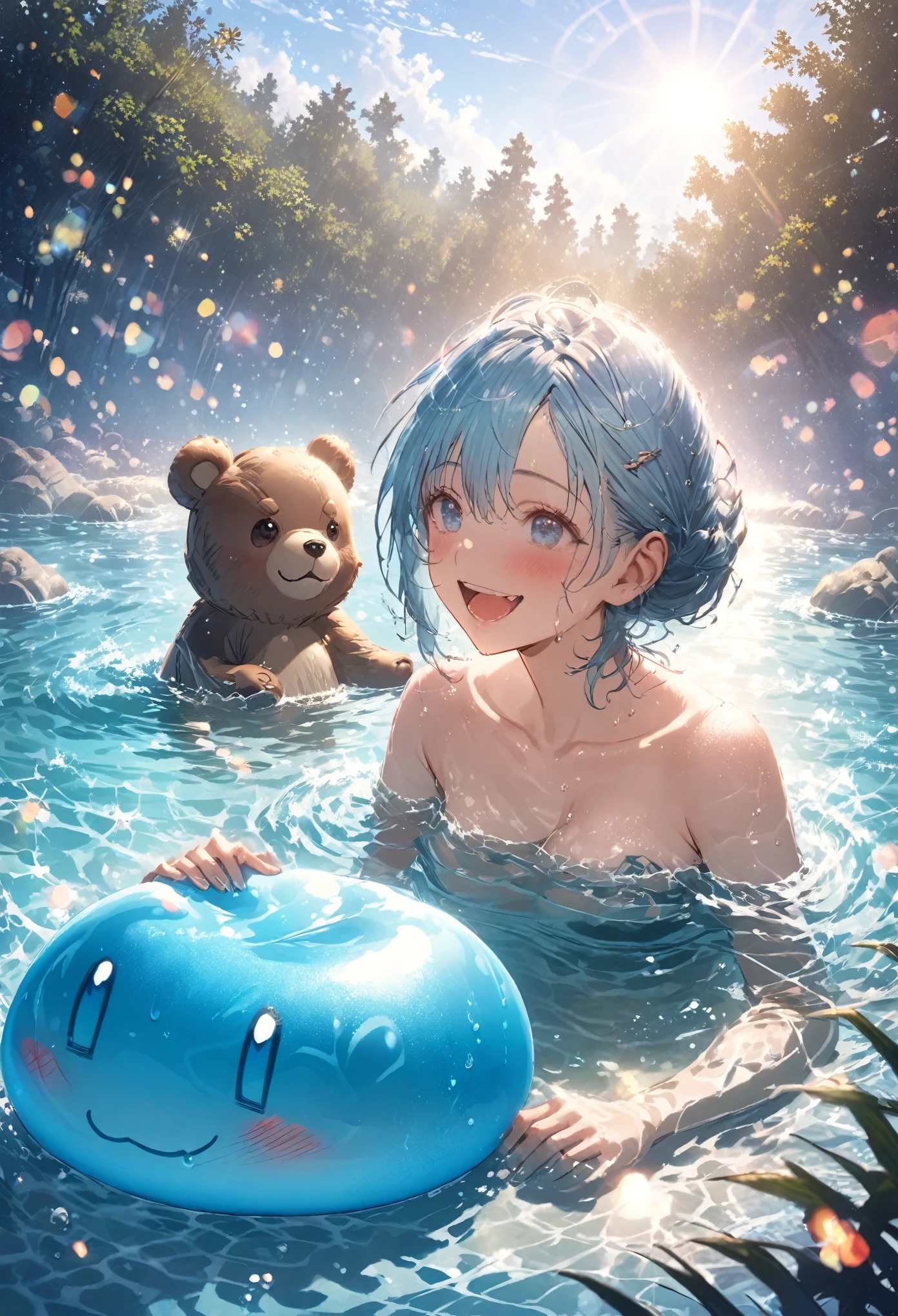 One person, Waterside in the forest、Sit with your feet in the water、Enjoying a bath with slime、bear, Sit on the ground, Clear blue sky、Bokeh, depth、Fun Expressions、Portrait、Lens flare、Detailed illustrations、Realistic depiction