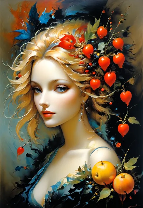 Dreams of Morpheus,in style художника Александра Исачева, painting with a woman and fruit in front of a mirror, inspired by Andr...