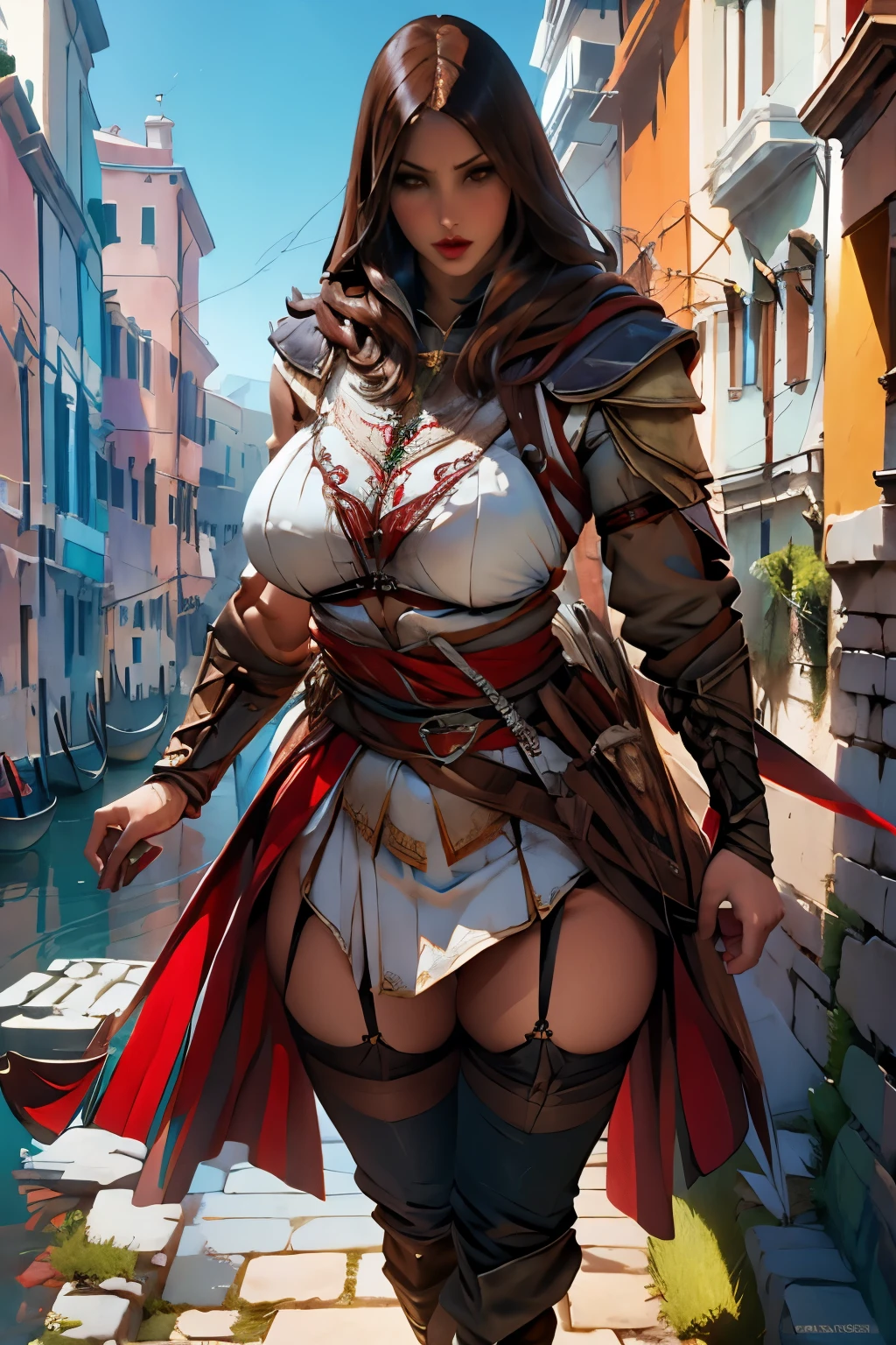 The woman, poca Clothes, Clothes, knee high boots, Bracelets on the legs, socks, stockings, Venice in the background, Venice, evening, night, Renaissance,renaissance, Very detailed, Realistic long-term photography., 4k, wide, brown hair, by the chestnut, Red lips,((hood, hood)), bracelet, sexy,red lips, brown eyes, big breasts, big breasts, Lucia Auditore