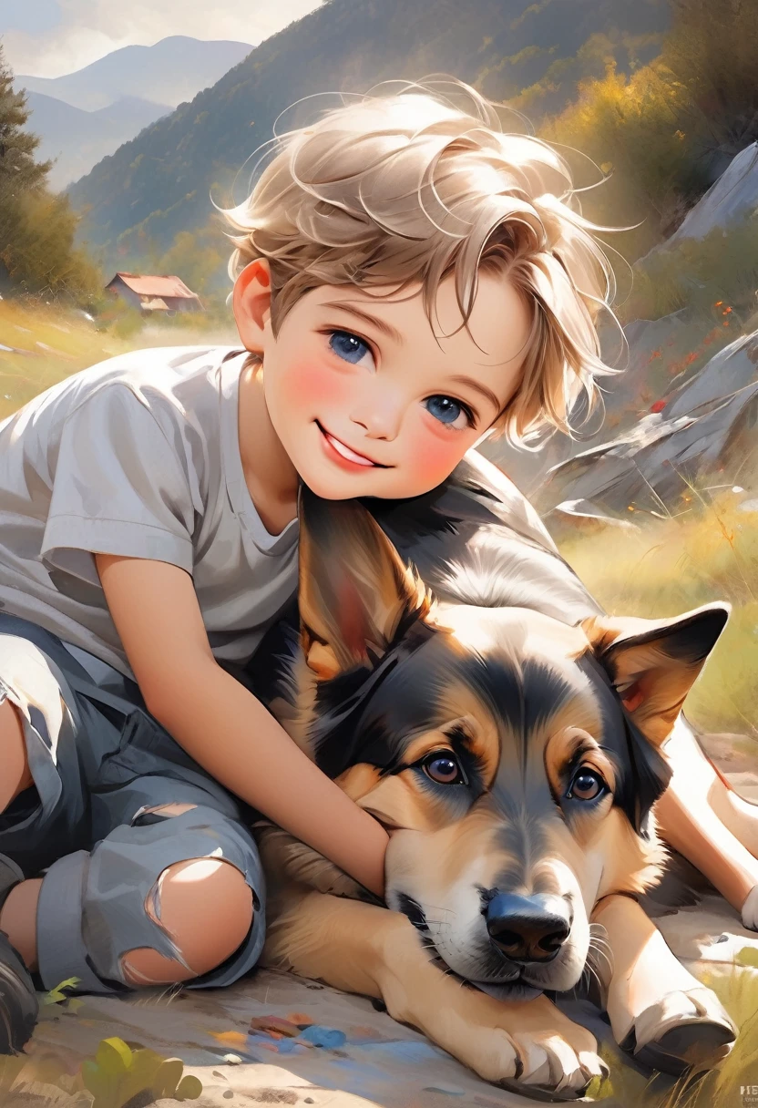 bela pintura digital de um lindo menino selvagem e sujo de 5 anos deitado. descansando com seu pastor alemão, sorriso gordinho, montanhas, roupas rasgadas, amizade, belas artes, obra de arte, melhor qualidade, 