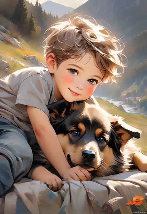 fine digital painting of a cute dirty wild 5 yo boy lying. resting with his german shepherd, chubby smile, mountains, torn cloth...