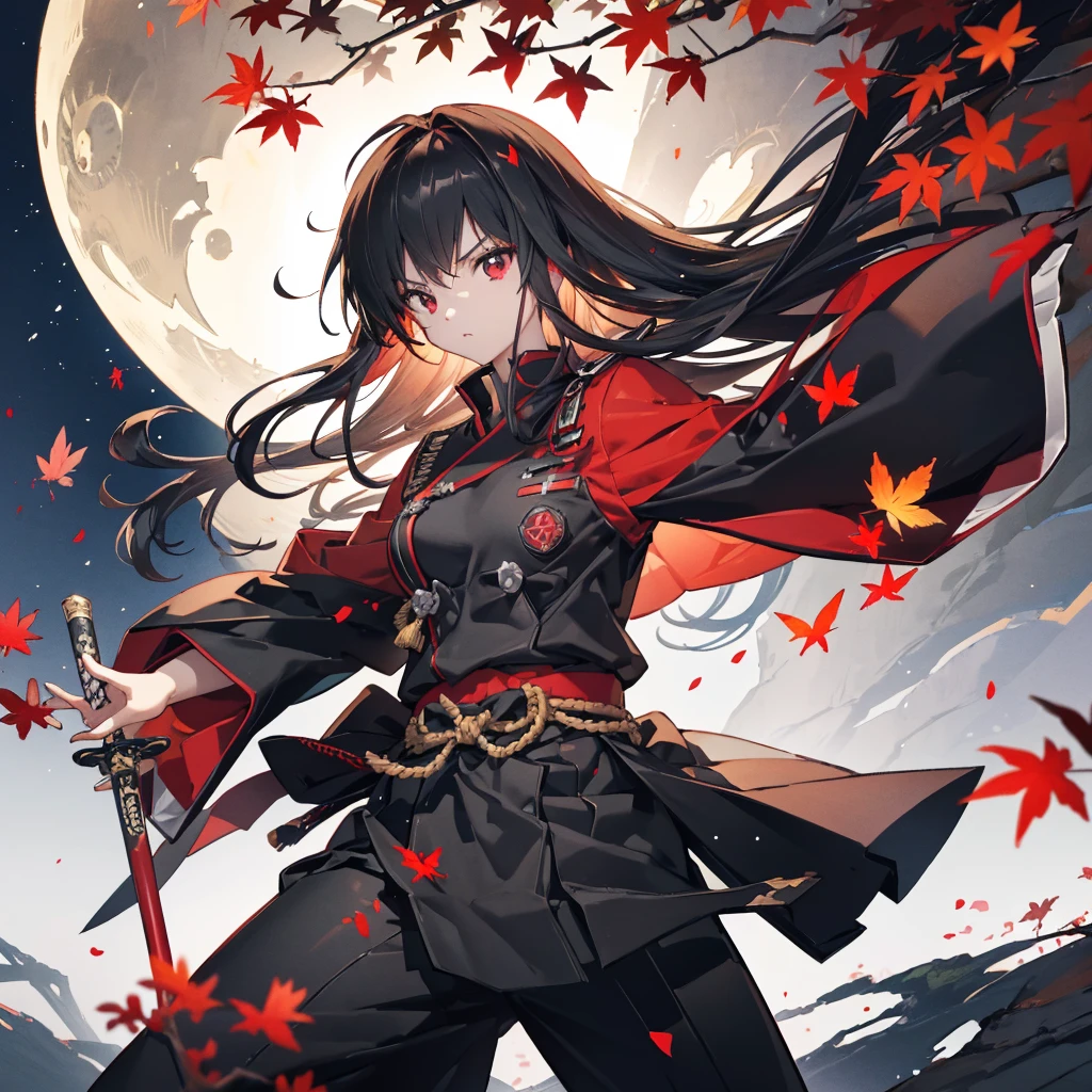 ((blackい髪　Long Hair　black　military commander　One person　Lonely　Red Flag　Eye patch))　((night　Japanese style　old　Shining Aura))　(dance　Burning Blade　Shining Japan sword　Hold the sword with your right hand　Hold the sheath in your left hand　Pull it out as it is)　moon　star　Draw your sword　Slashing　Catch the wind　printing　A tense face　ability　kimono　Red shiny edges　Reflection of the sword　water surface　autumn　Maple　Red butterfly　in the forest