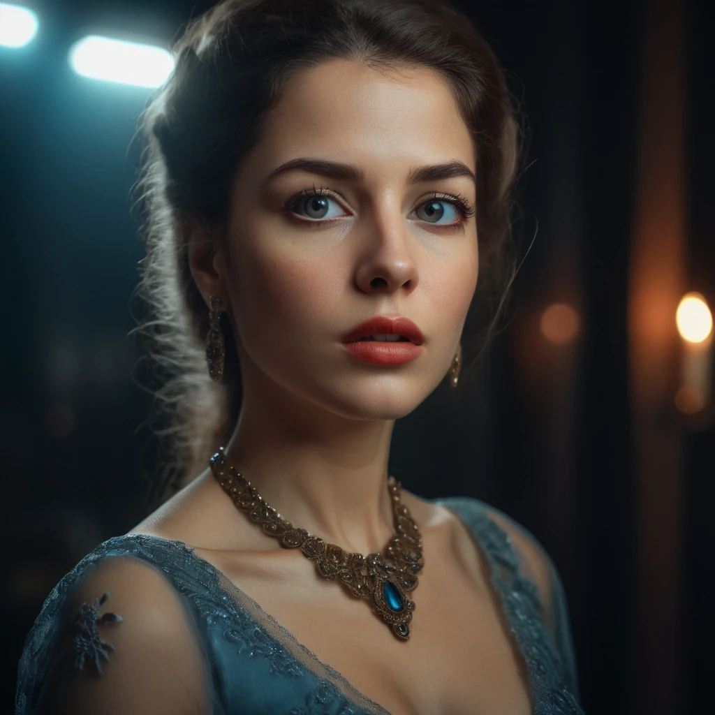 a highly detailed portrait of a young woman, beautiful detailed eyes, beautiful detailed lips, extremely detailed face, long eyelashes, elegant dress, intricate jewelry, mysterious UFO in the background, cinematic lighting, dark and moody atmosphere, vivid colors, realistic, photorealistic, best quality, 8k, masterpiece