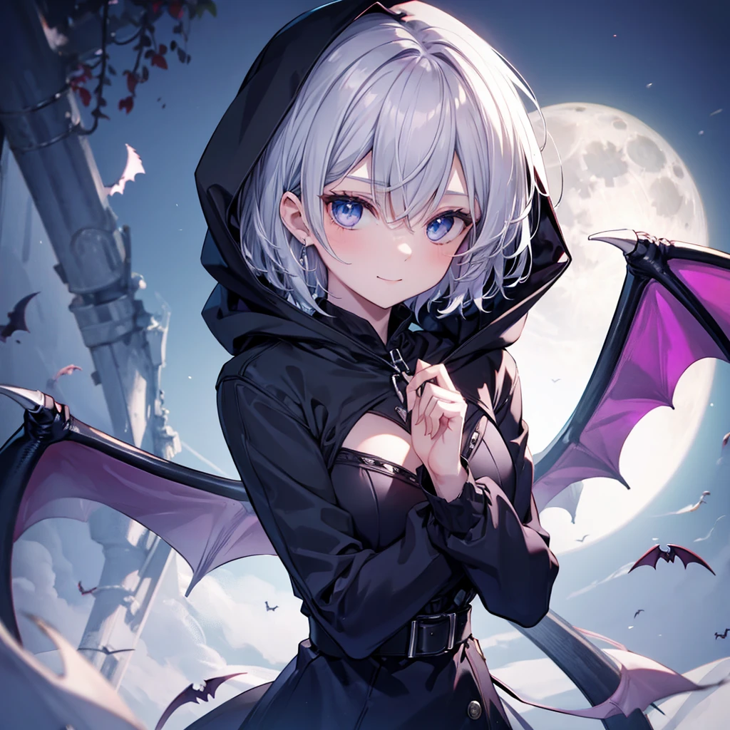 ((((vampire　Inflammation))))　(((Gray Hair　short hair　blue eyes　woman　Center close-up)))，((night　full moon　My own big wings))，(Wearing a hood　Black camisole　Purple light　Wearing a cloak)，　A strained smile　Shining Background　Shining Edges