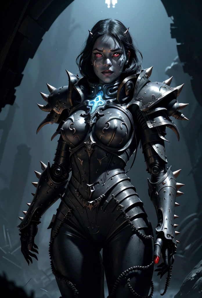 a gorgeous adepta sororitas from the movie tron, glowing skull armor, spikes, teeth, monster, dirty tentacles, pus pimples, cracked truenurgle, detailed face and eyes, beautiful lips, extremely detailed, 1girl, oil painting, concept art, dark fantasy, cinematic lighting, dramatic shadows, vibrant colors, moody atmosphere, hyper detailed, 8k, photorealistic
