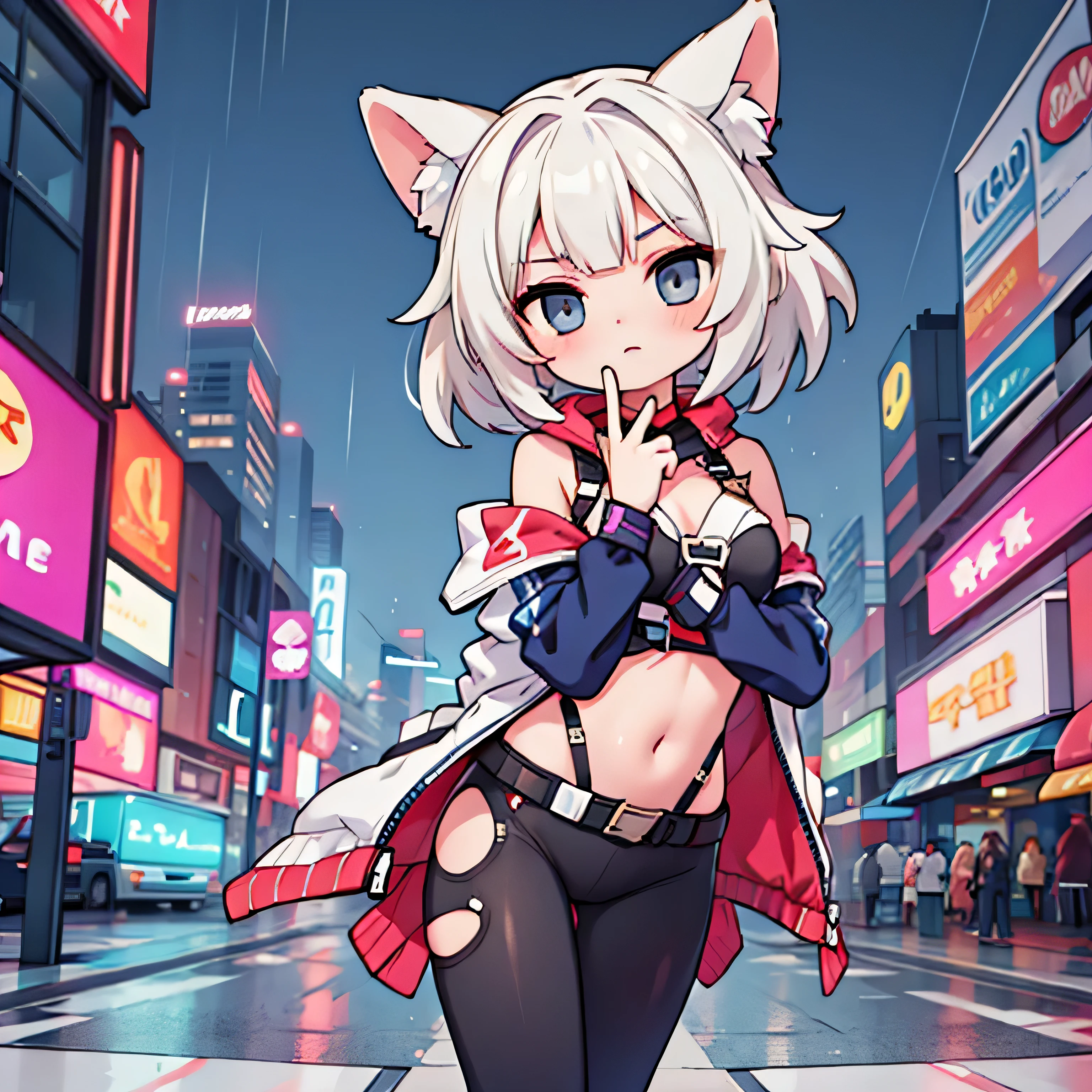 a young girl, beautiful detailed face, asymmetric colorful hair, belt, bodysuit, hand covering mouth, exposed bellybutton, removable sleeves, gray eyes, hip bent pose, open jacket, cute, looking at viewer, night cityscape, neon lights, rain