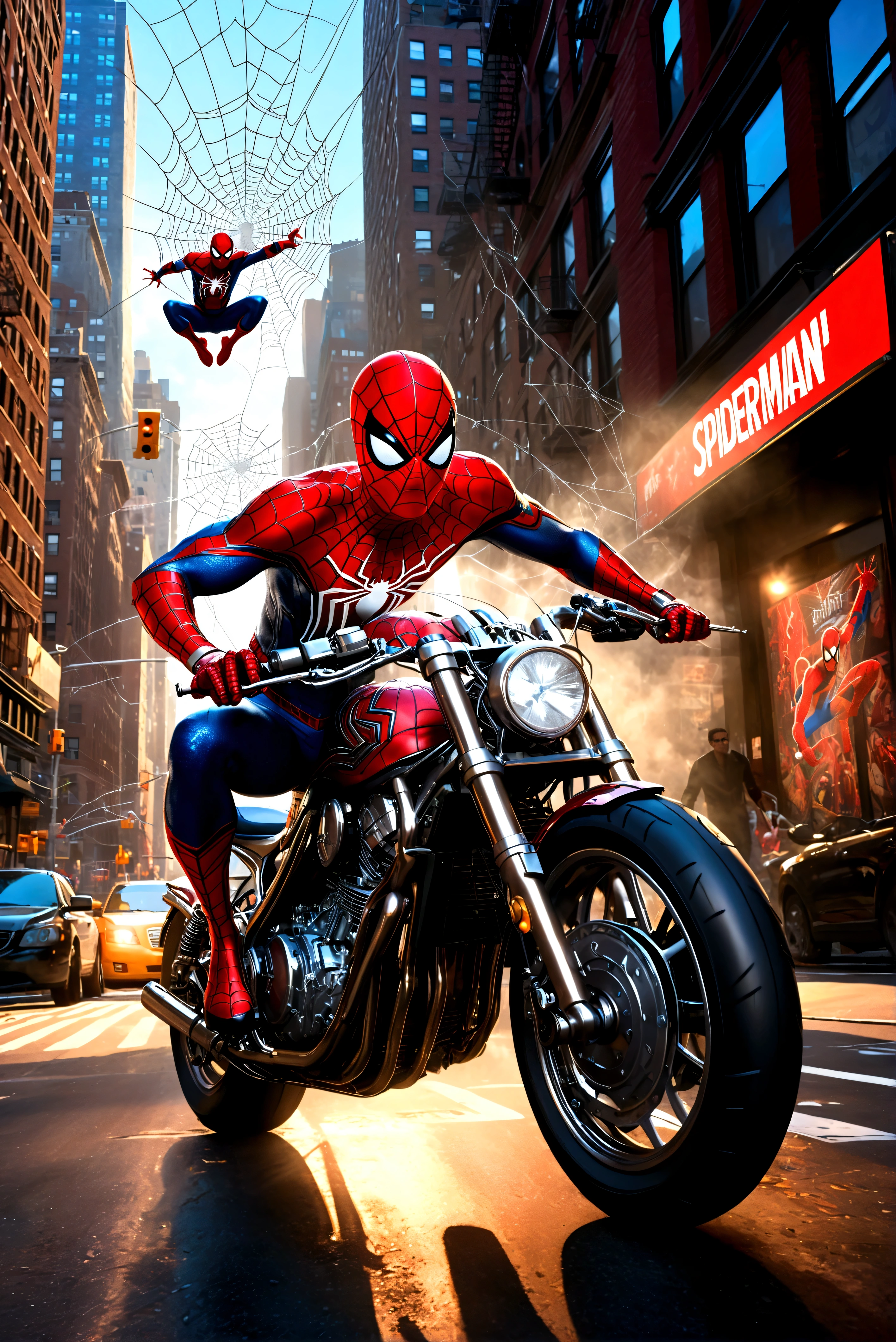 a detailed photo of spider-man riding a spider-man themed motorcycle on the streets of new york city, dynamic action pose, dramatic lighting, cinematic angle, highly detailed, intricate mechanical details, realistic rendering, digital art, concept art (Spiderwebs spell 'Spider Man' across the top of the picture in comic book style)
