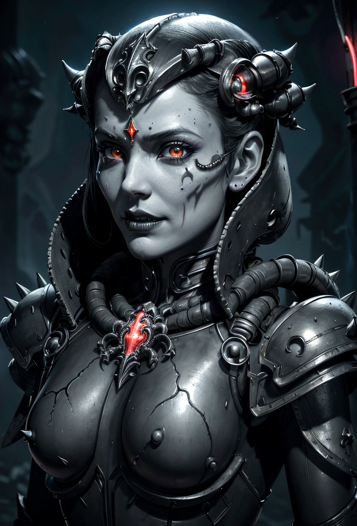 adepta sororitas ที่งดงามจากภาพยนตร์เรื่อง tron, เกราะกะโหลกเรืองแสง, แหลม, ฟัน, สัตว์ประหลาด, หนวดสกปรก, สิวเสี้ยน, Truenurgle แตก, ใบหน้าและดวงตาที่มีรายละเอียด, ริมฝีปากสวย, มีรายละเอียดมาก, 1สาว, ภาพวาดสีน้ำมัน, แนวคิดศิลปะ, แฟนตาซีมืด, แสงภาพยนตร์, เงาอันน่าทึ่ง, สีสันสดใส, บรรยากาศอารมณ์แปรปรวน, มีรายละเอียดมากเกินไป, 8ก, เหมือนจริง
