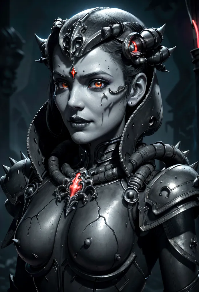 a gorgeous adepta sororitas from the movie tron, glowing skull armor, spikes, teeth, monster, dirty tentacles, pus pimples, crac...