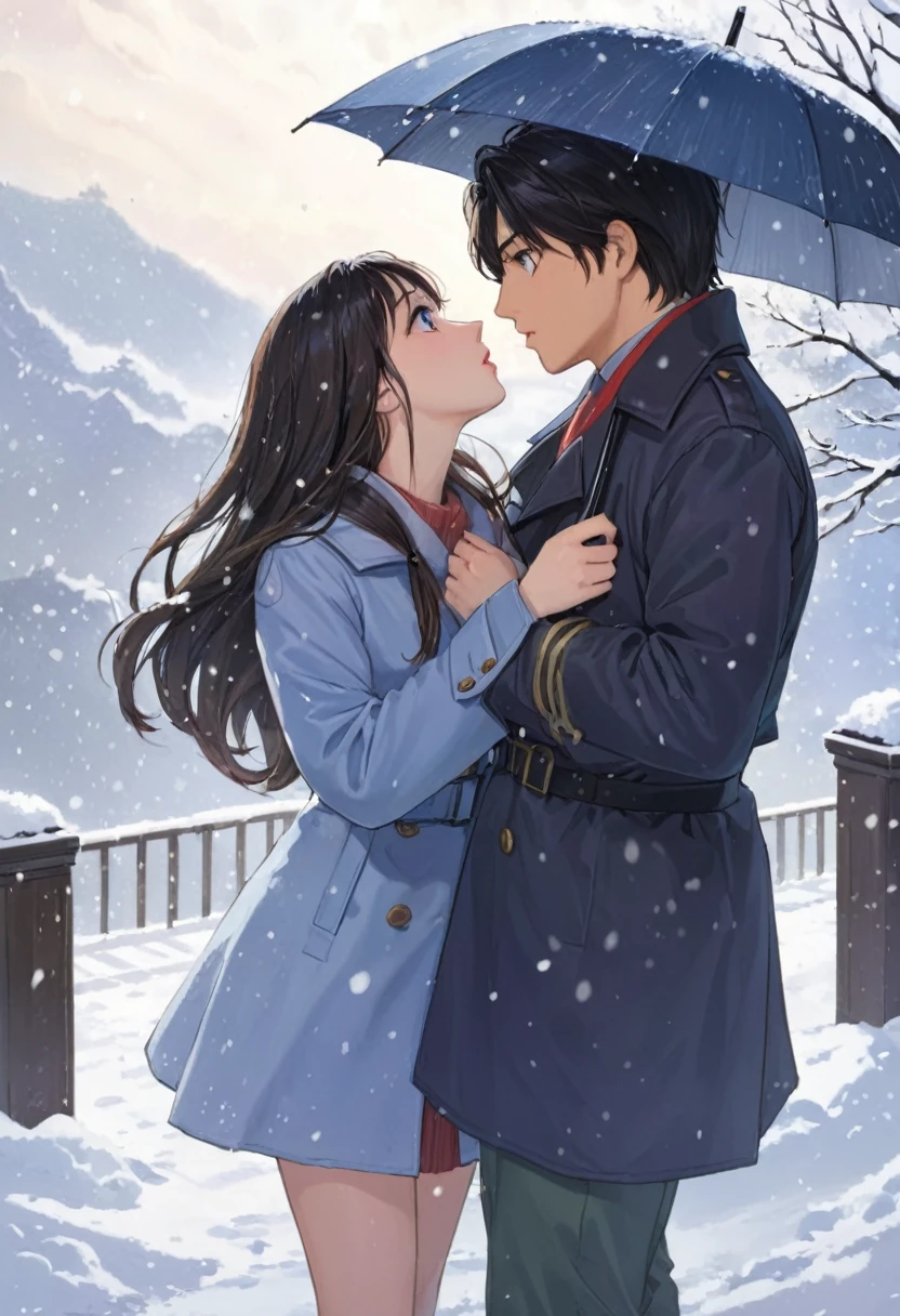 Snowy Days，A girl stands quietly holding an umbrella，Watching the hero and heroine kissing passionately in the snow