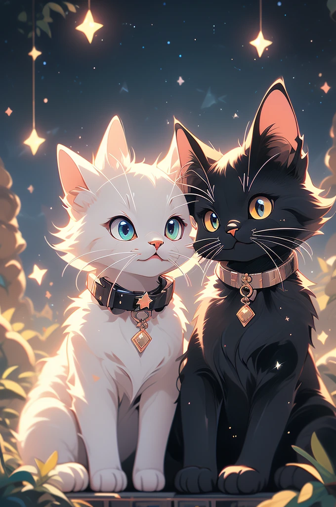 兩隻貓坐在星空下的山上的特寫, Kubisi art 的矢量艺术, tumblr, 毛茸茸的藝術, 黑貓, 貓 貓 夢貓, 貓貓夢貓, 她凝視的眼睛裡有星星, 夜晚的星空充滿了貓, ✨🕌🌙, 背景中的黑暗和星星, 外太空的小貓