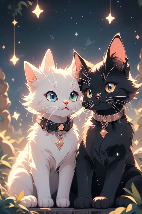 a close up of two cats sitting on a hill under a starr sky, vector art by Kubisi art, tumblr, furry art, black cats, cats cat dr...