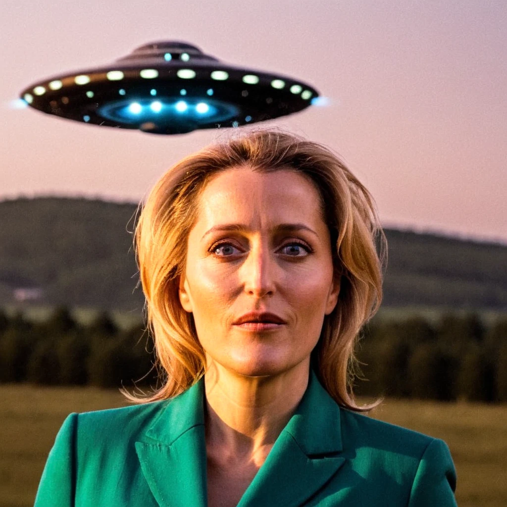 ein Portrait (Gillianxx:1.2) mit einem UFO dahinter, 