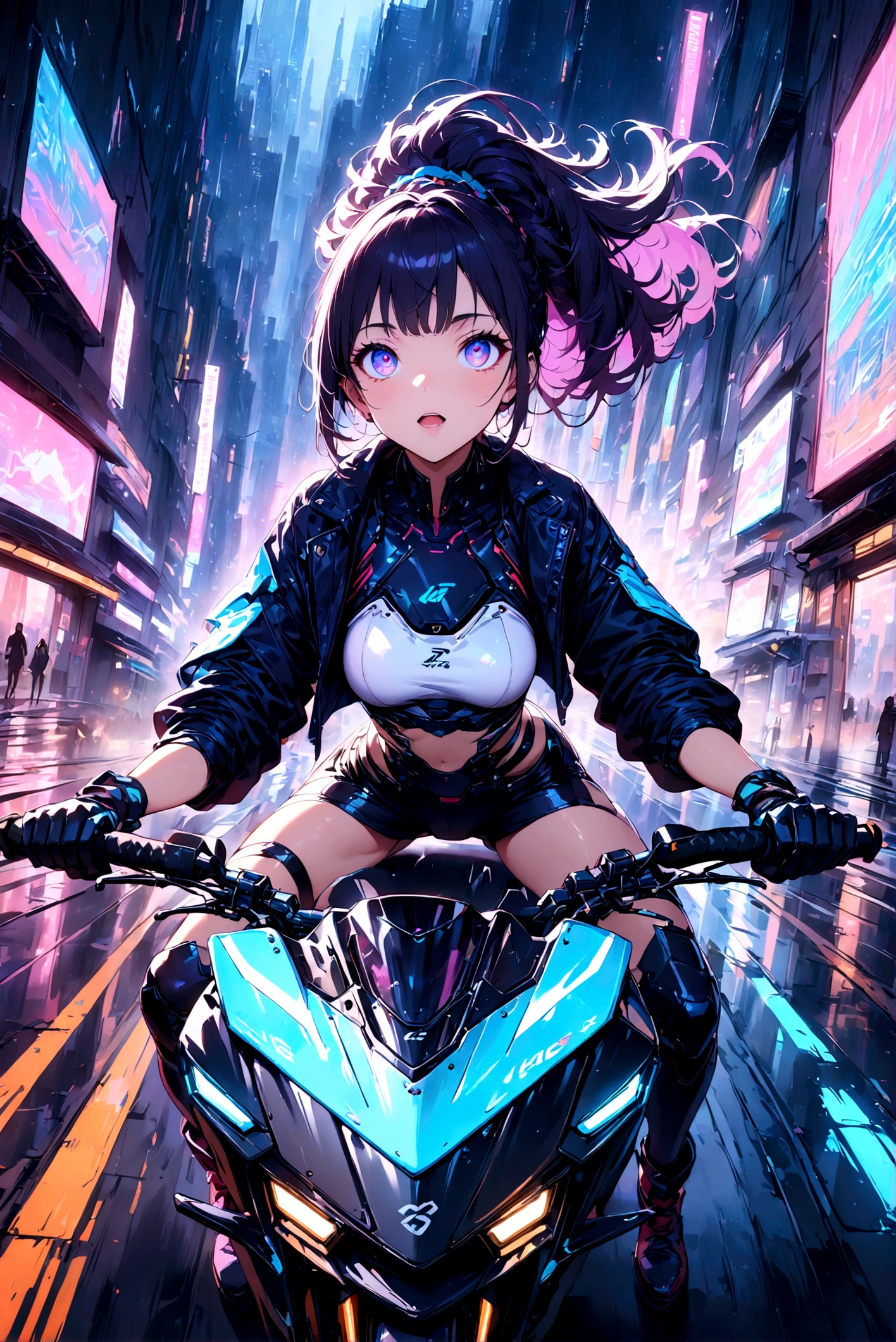 (((Looking up)))，1 girl，(((Driving a large motorcycle through the city)))，laughing out loud， - Futuristic cityscape，Late Night，cyberpunk，Neon， - cyberpunk aesthetic - Neon lights - Nighttime setting - Detailed and vibrant illustration - High-tech environment - Woman in futuristic outfit - Motorcycle - Dynamic pose - Urban street 最佳画质，Maximum resolution，masterpiece，Crazy details， best quality, masterpiece, illustration, ultra-detailed, beautiful detailed eyes, ,