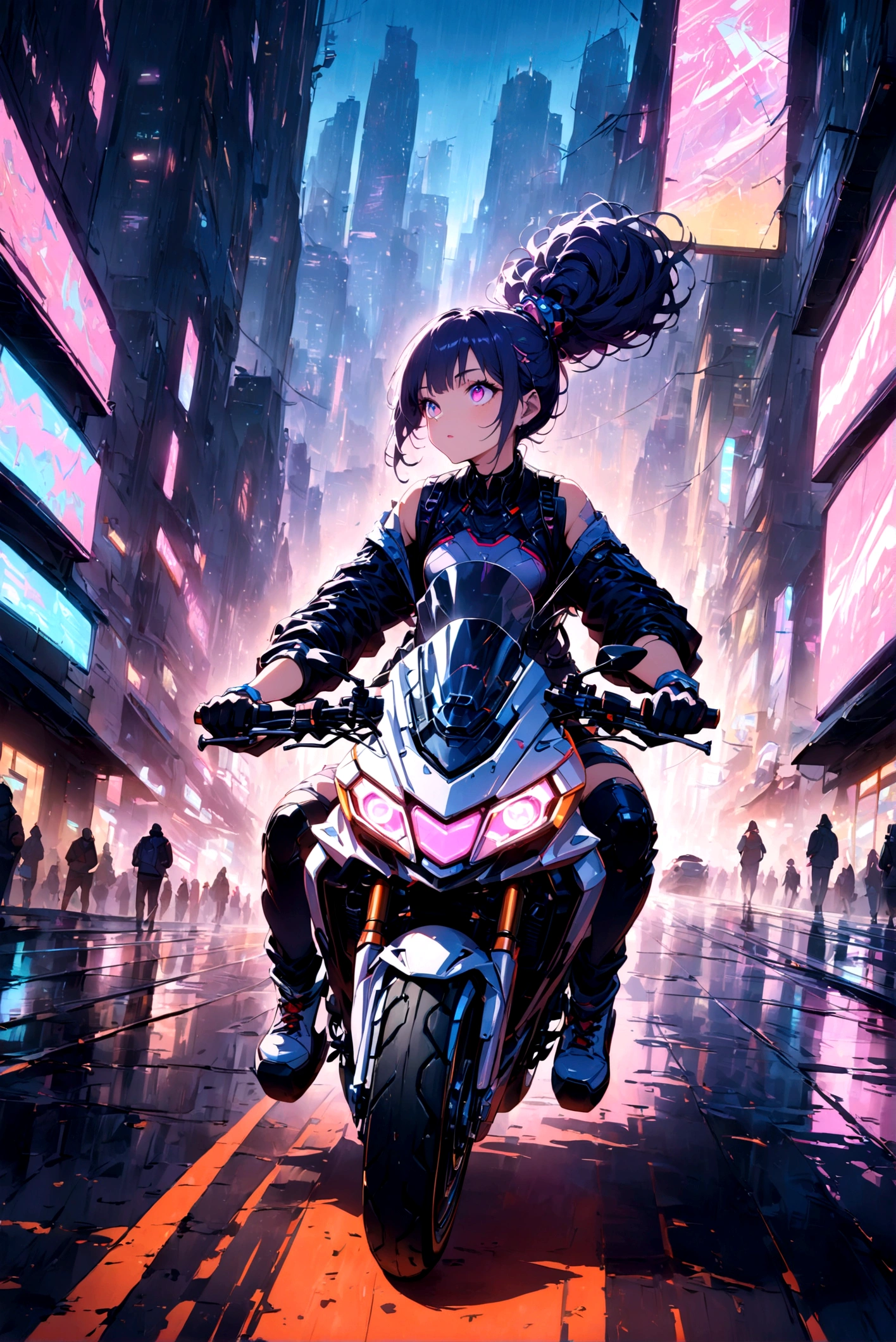 (((抬頭看)))，1 名女孩，(((駕駛大型摩托車穿越城市)))，大笑， - 未來城市景觀，深夜，賽博朋克，氖， - 賽博朋克 aesthetic - 氖 lights - Nighttime setting - Detailed and vibrant 插圖 - High-tech environment - Woman in futuristic outfit - Motorcycle - Dynamic pose - Urban street 最佳画质，最大分辨率，傑作，疯狂的细节， 最好的品質, 傑作, 插圖, 超詳細, 美麗細緻的眼睛, ,