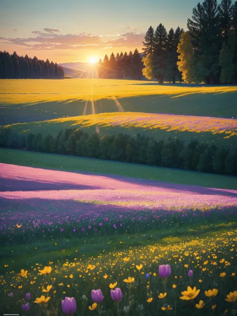 a view of a field of flowers with trees in the background, sunny meadow, summer meadow, meadow with flowers, the brilliant dawn ...