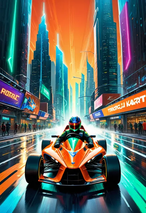 A high-speed kart, rendered in vibrant digital art, tears down a sleek, wet asphalt road, weaving through modern city skyscraper...