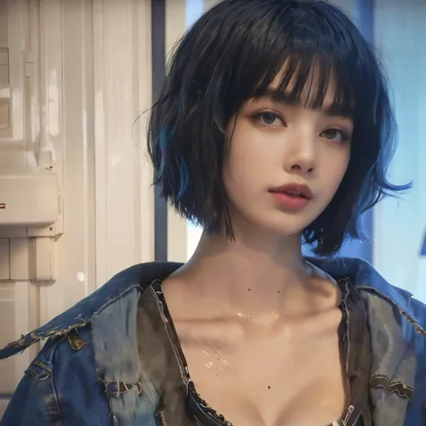 arafed woman with blue hair and a denim jacket, charli xcx, madison beer as leeloo, charli bowater, with short hair with bangs, ...