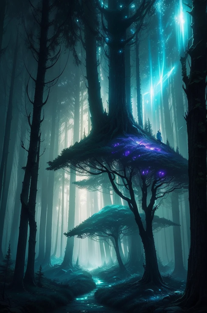 a forest filled with lots of trees and lights, concept art by Beeple, flickr, fantasy art, magic fairy forest, magical forest in the background, magical forest, magical colours and atmosphere, very magical and dreamy, enchanted and magic forest, magical colors and atmosphere, enchanted magical fantasy forest, magical fantasy forest, in a magical forest, magical forest with fireflies