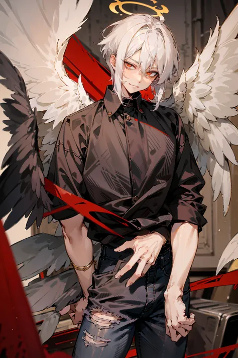 1male, adult, two tone hair, crimson and white hair, short hair, undercut hair, angel halo, black wings, golden eyes, smirk, bla...