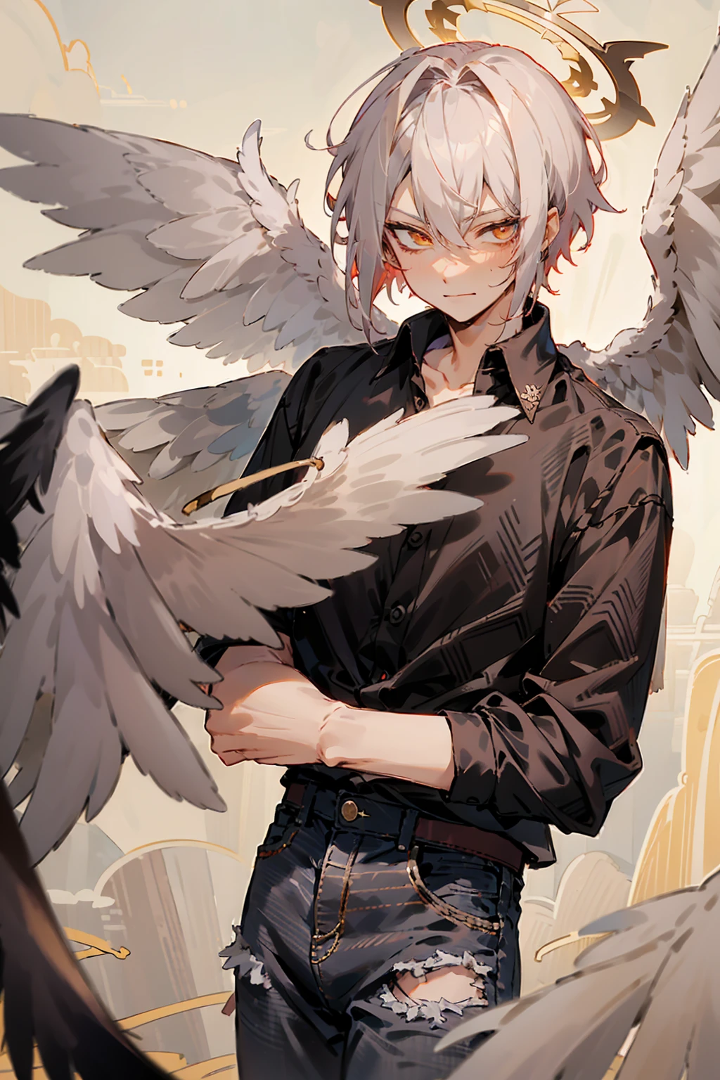 1male, Adult, Two Tone Hair, Crimson and White Hair, Short Hair, Undercut Hair, Angel Halo, Black Wings, Golden Eyes, Smirk, Black and White Flannel Shirt, Black Ripped Jeans