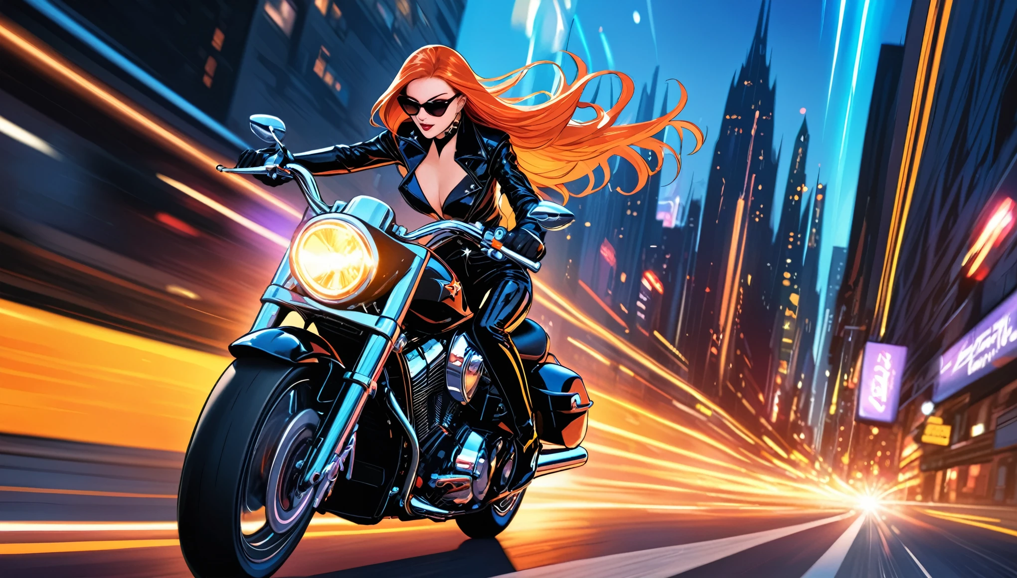 ((obra maestra, mejor calidad)),(ilustración),(luz detallada),((Extremadamente exquisito y hermoso.)),al estilo de Thierry Mugler，conducir una motocicleta Harley，1 chica，Estilo gótico，Desenfoque de movimiento，Sensación de velocidad，Imagen residual de luz，colores vivos