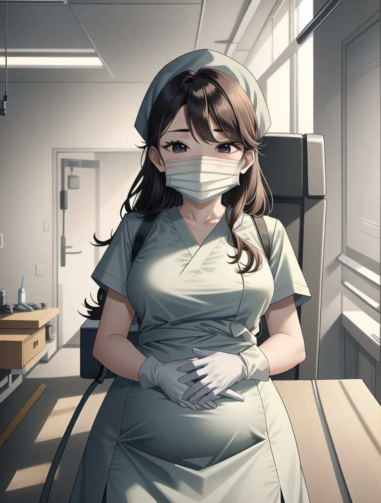 (give a score of 9_give a score of 8_give a score of 7)
masterpiece, highest quality, best quality, view from top down, 
in a hospital, 1 nurse, pregnant, surgical mask, surgical cap, surgical gloves, 