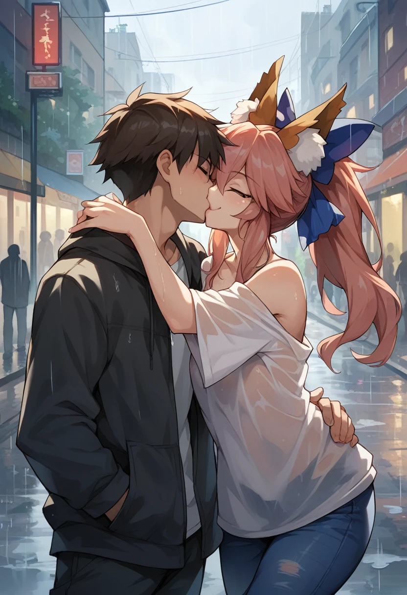 character:tamamo no mae \(fate/extra\), bg:city street scene, fx:rain and fog, Eyes: wink, Mouth: kiss