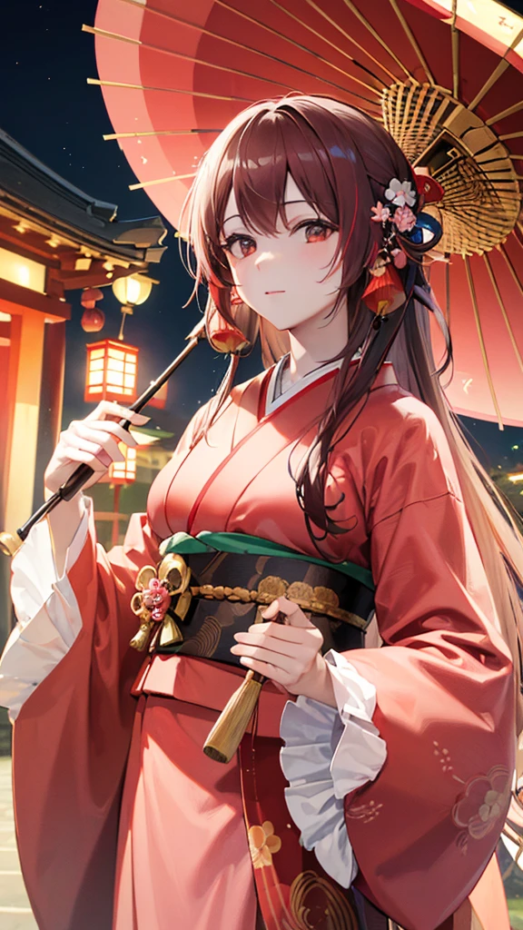((最高品質, 8k, 傑作: 1.3)), 非常に詳細な顔と肌の質感, 細粒, 日本の伝統的な着物, ピンクの着物, 振袖, 茶髪, 長い髪, ヘアピン, 上から, 和傘を差す, 京都の神社にて