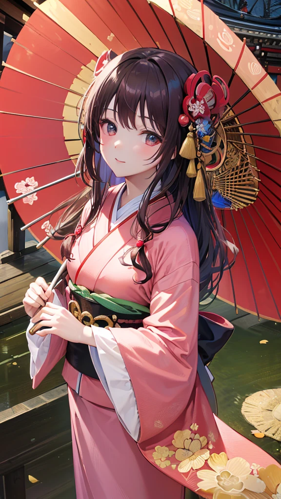 ((la plus haute qualité, 8k, chef-d&#39;œuvre: 1.3)), Texture du visage et de la peau très détaillée, grains fins, kimono japonais traditionnel, kimono rose, Kimono à manches longues, cheveux bruns, cheveux longs, épingle à cheveux, d&#39;en haut, Tenir un parapluie japonais, dans un sanctuaire à Kyoto