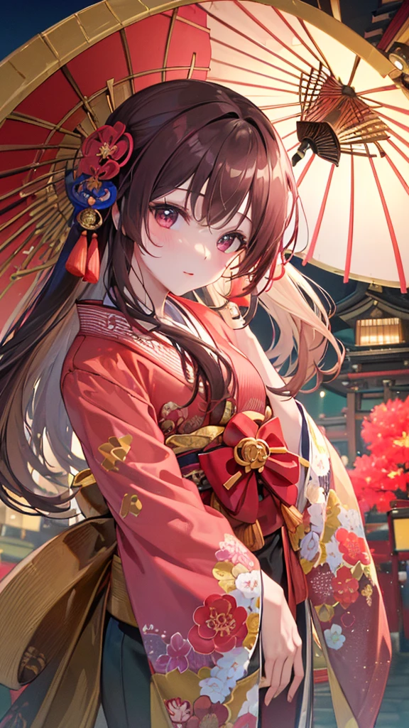 ((Highest quality, 8K, masterpiece: 1.3)), Highly detailed face and skin texture, Fine grain, Traditional Japanese Kimono, Pink kimono, Long-sleeved kimono, Brown Hair, Long Hair, Hairpin, From above, Holding a Japanese umbrella, At a shrine in Kyoto