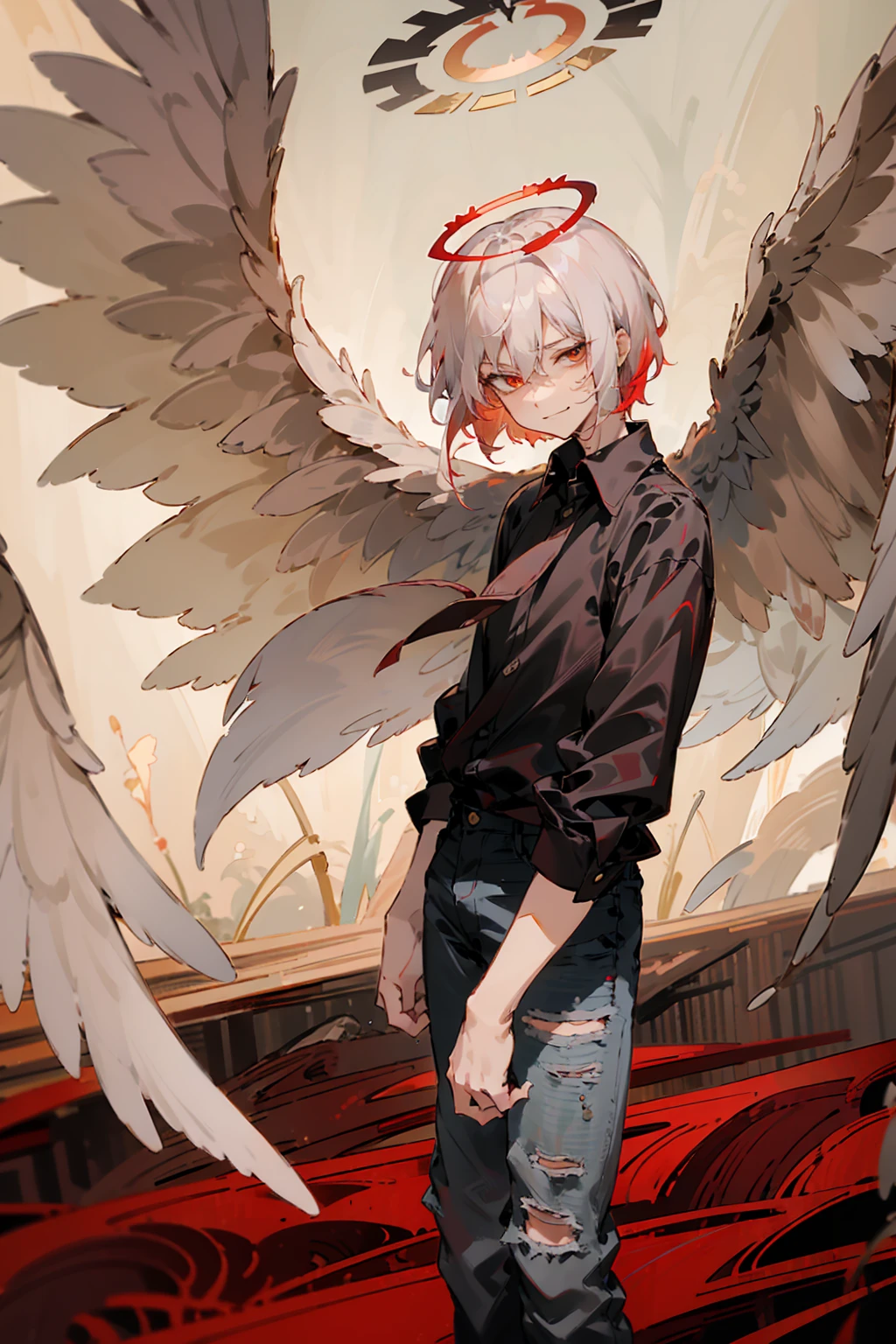 1male, Adult, Two Tone Hair, Crimson and White Hair, Short Hair, Undercut Hair, Red Angel Halo, Black Angel Wings, Golden Eyes, Smirk, Black Flannel Shirt, Black Ripped Jeans, Standing On Path