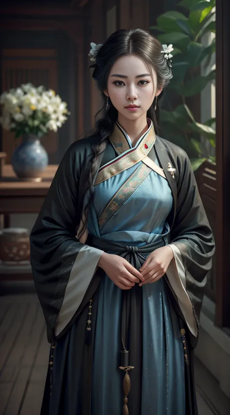 (fidelity: 1.4), ((Hanfu negro)), big sleeves, small rings, On the rise, Mole under the eyes, Denim lens, bokeh, Perspective sho...