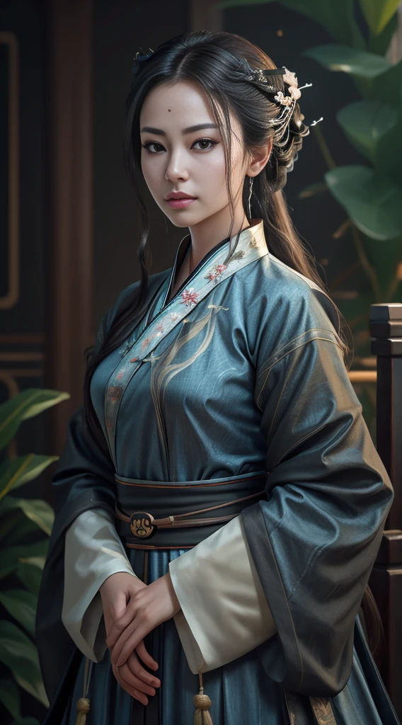 (fidelity: 1.4), ((Hanfu negro)), big sleeves, small rings, On the rise, Mole under the eyes, Denim lens, bokeh, Perspective shortening, negative space, chiaroscuro, depth of field, ray tracing, Masterpiece, anatomically correct, textured skin, Best Quality, 8k, ultra high definition, necessary