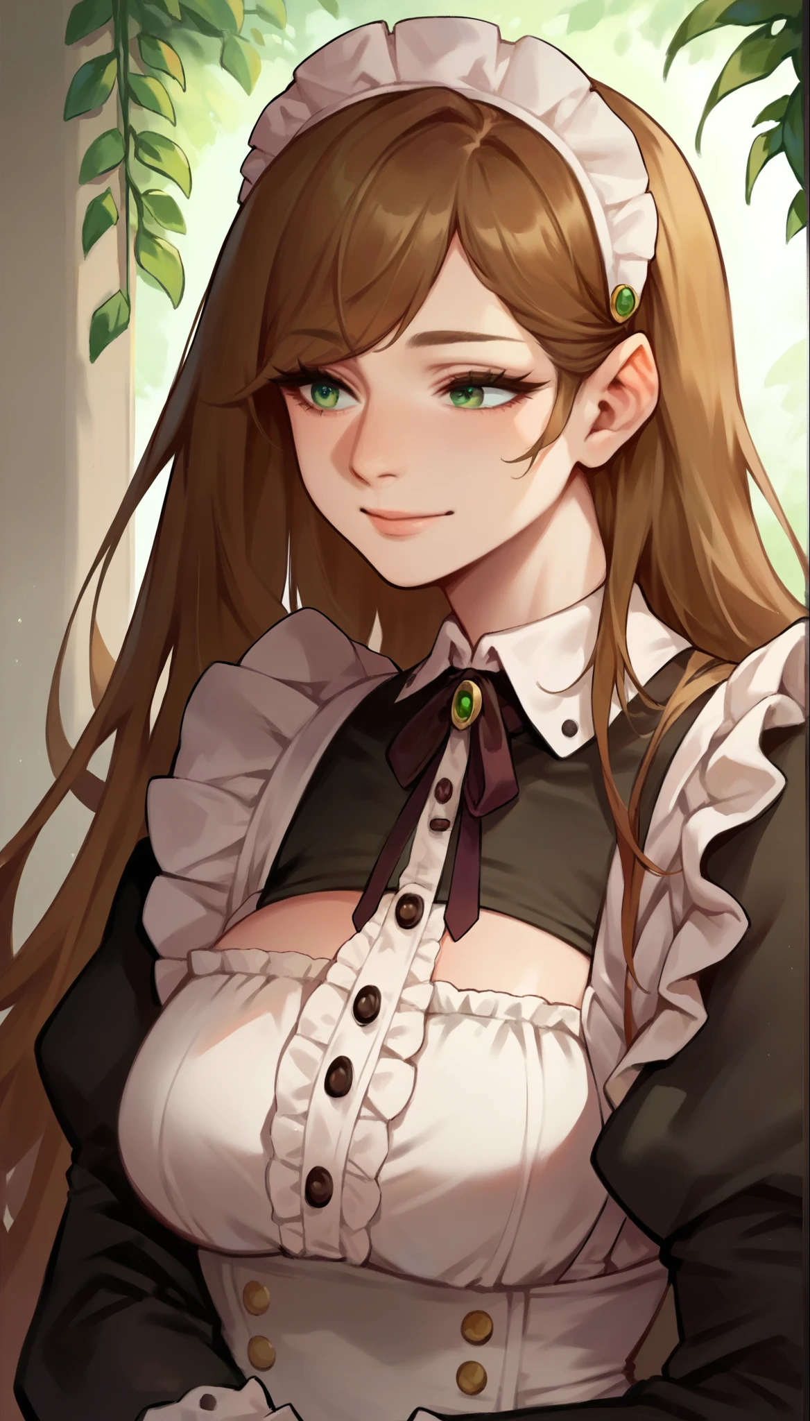 score_9, score_8_up, score_7_up, score_6_up, score_5_up, score_4_up, mature female, very long hair, side swept bangs, hime cut, straight_hair, brown hair, green eyes, eyelashes, frills, maid outfit, upper body, long sleeves, light smile