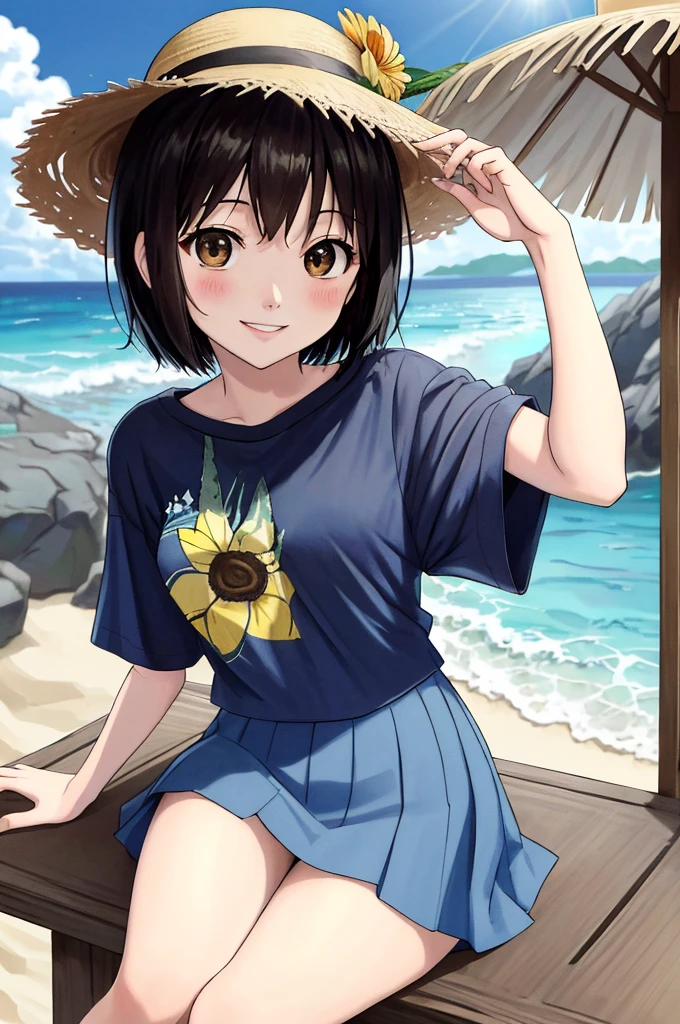 (masterpiece)、Highest quality、Ultra-high resolution、in front_Misaki、Short Hair、cute、Two-tone shirt、mini skirt、beach、The best smile、sit、blue sea、Beautiful Landscape、Straw hat、View your viewers、Wave one hand、The blazing sun、beautiful girl、Blue sky、Yellow and black shirt、Tropical Juice、Large watermelon、