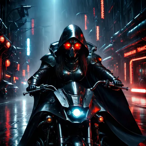 (Rainy Night: 1.5), (Motion Blur Effect: 1.5), Heavily armored Grim Reaper riding a dark futuristic motorbike, detailed beautifu...