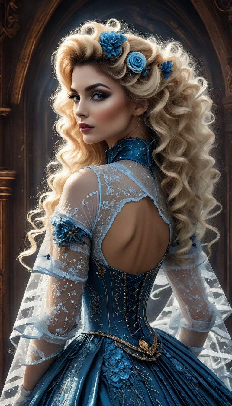 Un portrait hyperréaliste d’une sublime femme royale heureuse et rayonnante aux cheveux bleu sombre foncé trèslong, portant une robe en dentelle blanche avec des accessoires steampunk, situé dans une pièce de style victorien avec des éléments mécaniques, poitrine haute effet push-up , regard intense et sensuel , corps élancé,  pose dynamique , proportions parfaites, chef-d&#39;œuvre, hyperRéaliste, chef-d&#39;œuvre, Qualité supérieure, haute résolution, extrêmement détaillé, Fond d&#39;écran 8K très détaillé, détails fractales, sensualité extrême 