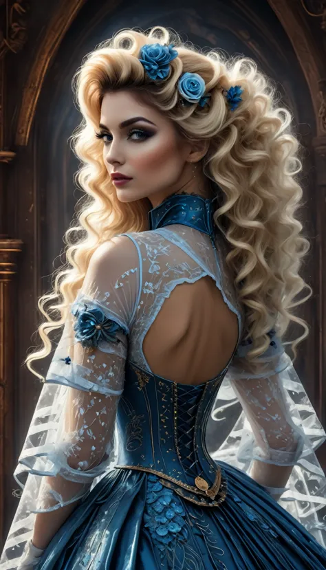 Un portrait hyperréaliste d’une sublime femme royale heureuse et rayonnante aux cheveux bleu sombre foncé trèslong, portant une ...
