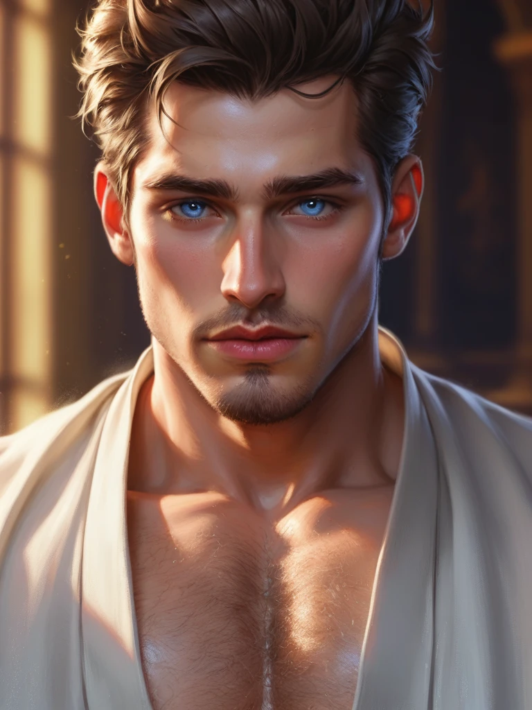 score_9, score_8_up, realistic, A handsome man, chest showing, body hair, Artwork, best quality, high resolution, Close-up portrait, bad, Greek God, fantasy, league of legends style, beautiful figure painting, bright light, Amazing composition, front view , hdr, volumetric lighting, ultra quality, elegant, highly detailed
