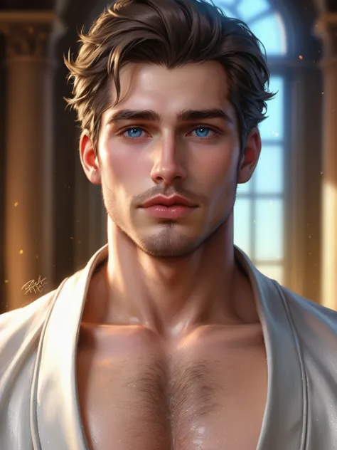 score_9, score_8_up, realistic, A handsome man, chest showing, body hair, Artwork, best quality, high resolution, Close-up portr...