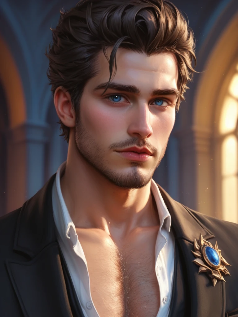 score_9, score_8_up, realistic, A handsome man, chest showing, body hair, Artwork, best quality, high resolution, Close-up portrait, bad, Greek God, fantasy, league of legends style, beautiful figure painting, bright light, Amazing composition, front view , hdr, volumetric lighting, ultra quality, elegant, highly detailed
