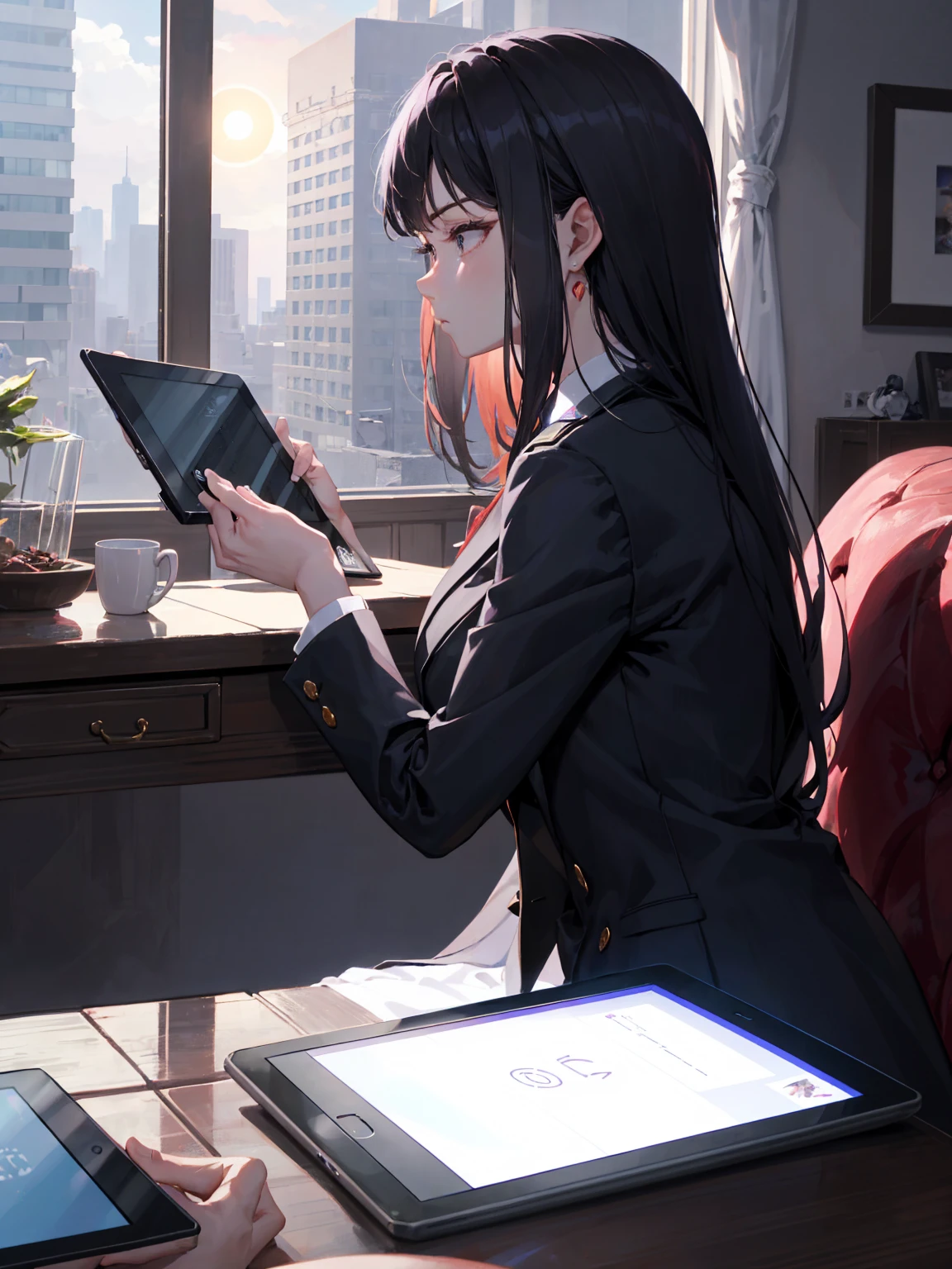 woman in a suit using a tablet computer in a room, working, sun yunjoo, still from a live action movie, park shin hye as a super villain, full device, using a magical tablet, iu lee ji-eun as a super villain, profile pose, [ realistic photo ]!!, shin min jeong, serious business, lazy, elegant look